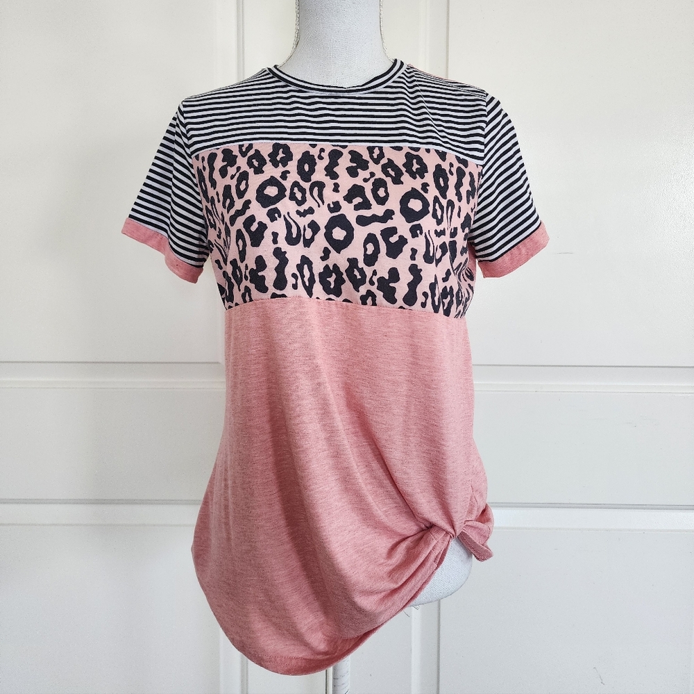 Pink and Black Leopard Print Twisted Hem Women's Top